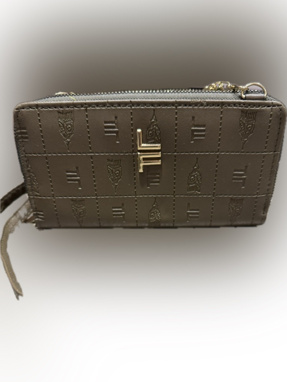 London Fog Metallic Taupe Logo Wristlet Clutch